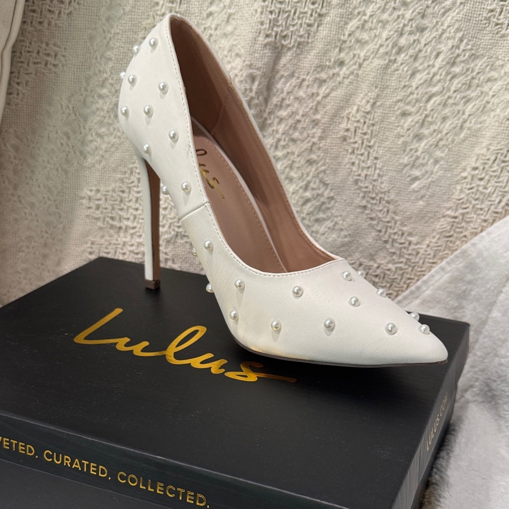 Lulu's White Pearl-Embellished Pointed Toe Stiletto Heels